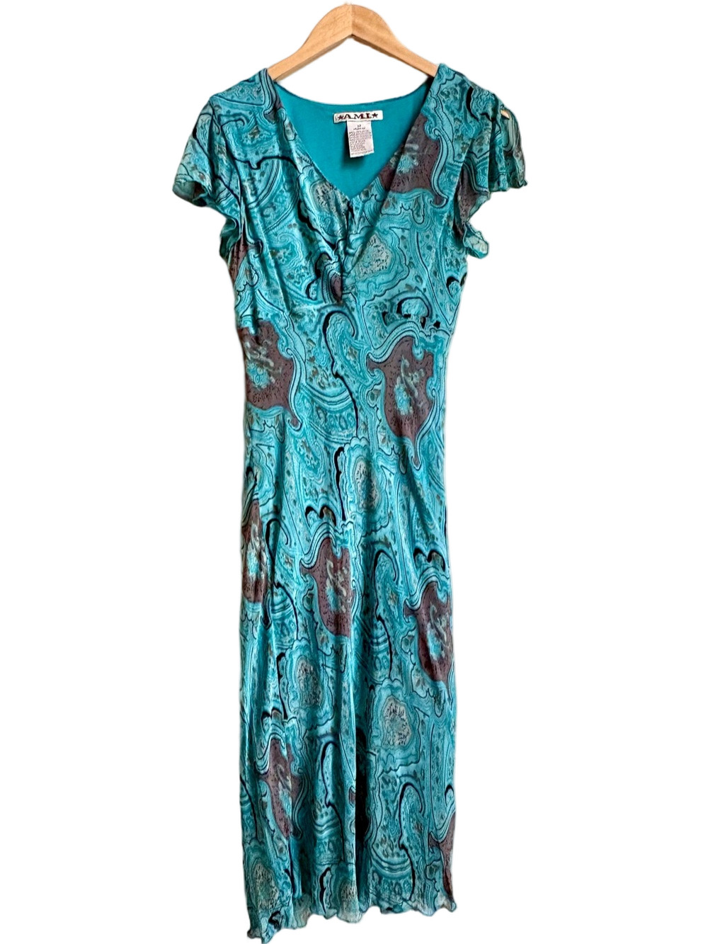 90s 1990s Y2K Blue Rayon Chiffon Flouncy Sleeves Abstract Print Midi Dress Med